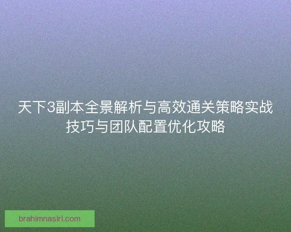天下3副本全景解析与高效通关策略实战技巧与团队配置优化攻略
