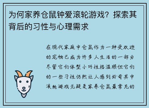 为何家养仓鼠钟爱滚轮游戏？探索其背后的习性与心理需求
