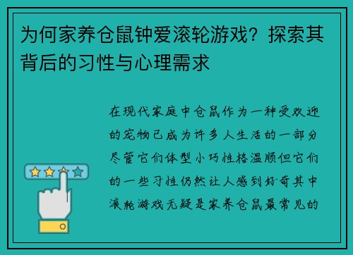 为何家养仓鼠钟爱滚轮游戏？探索其背后的习性与心理需求